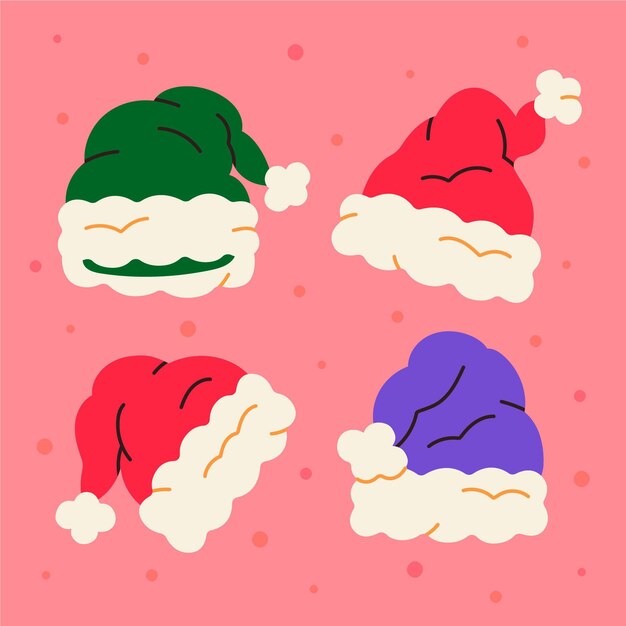 Colección de gorros de santa planos dibujados a mano