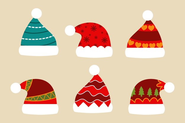 Colección de gorros de santa planos dibujados a mano