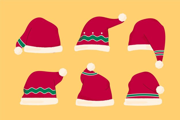 Colección de gorros de santa planos dibujados a mano