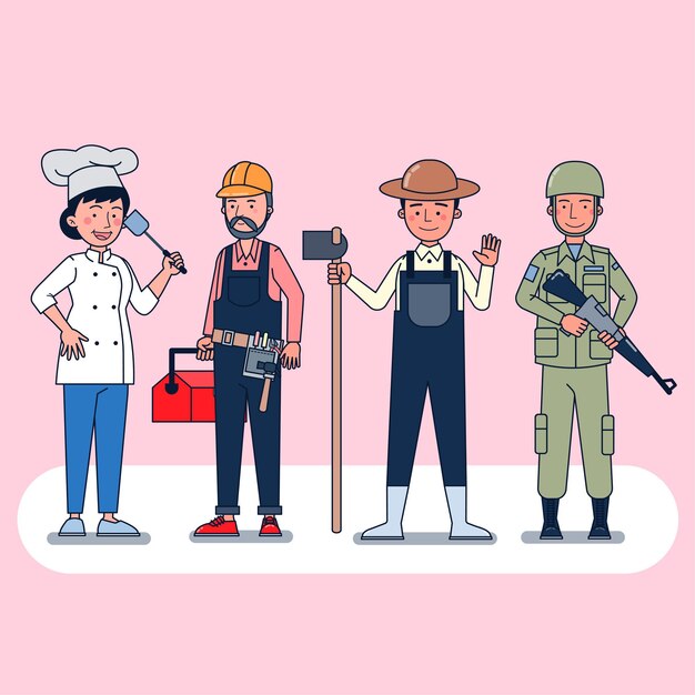 Colección de gran conjunto aislado de diversas ocupaciones o personas de profesión con uniforme profesional, ilustración plana.