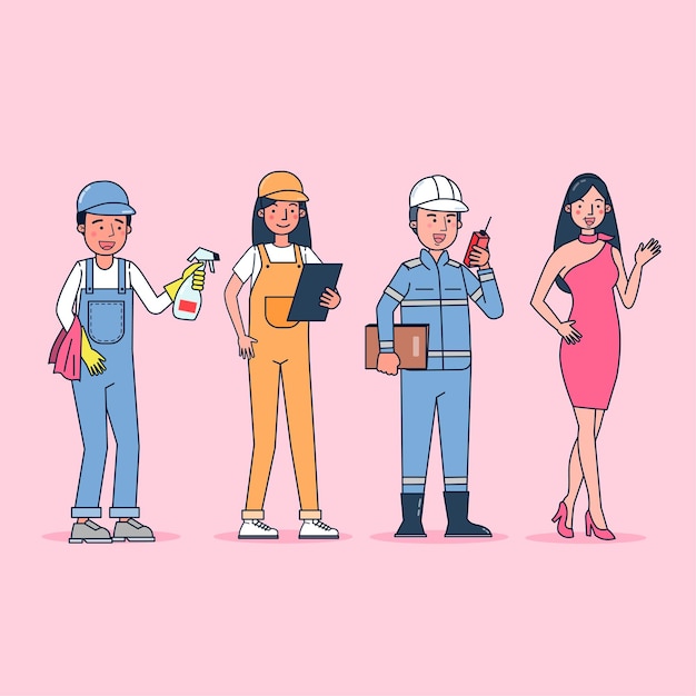 Colección de gran conjunto aislado de diversas ocupaciones o personas de profesión con uniforme profesional, ilustración plana.
