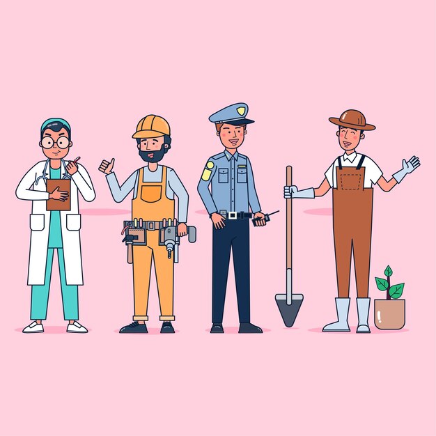 Colección de gran conjunto aislado de diversas ocupaciones o personas de profesión con uniforme profesional, ilustración plana.