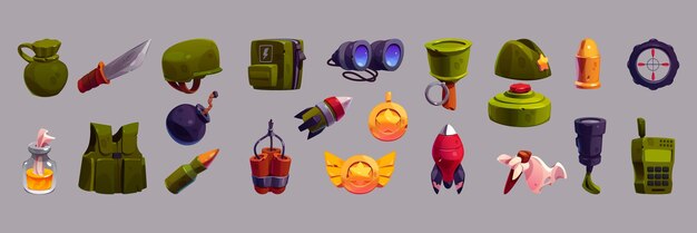 Colección de guerra de vectores de dibujos animados de iconos de juegos militares