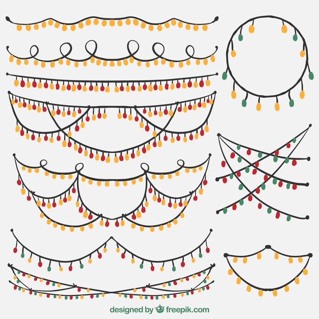 Colección de guirnaldas decorativas con luces de colores dibujadas a mano 