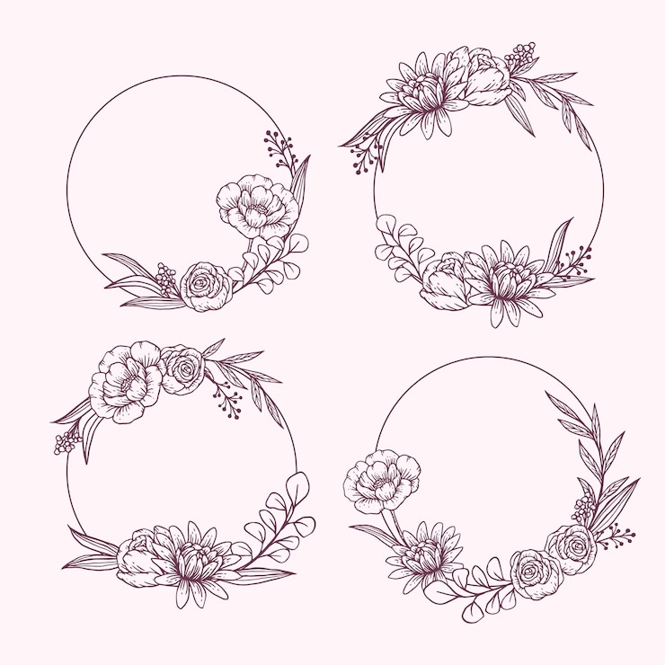 Vector gratuito colección de guirnaldas florales dibujadas a mano de grabado