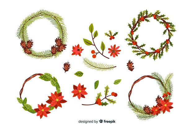 Colección de guirnaldas y flores navideñas dibujadas a mano