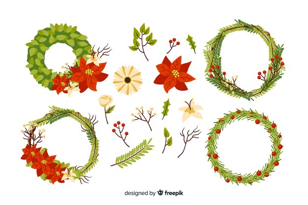 Colección de guirnaldas y flores navideñas dibujadas a mano