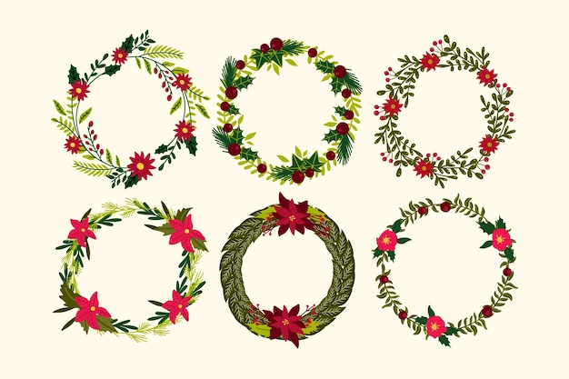 Colección de guirnaldas y flores navideñas dibujadas a mano