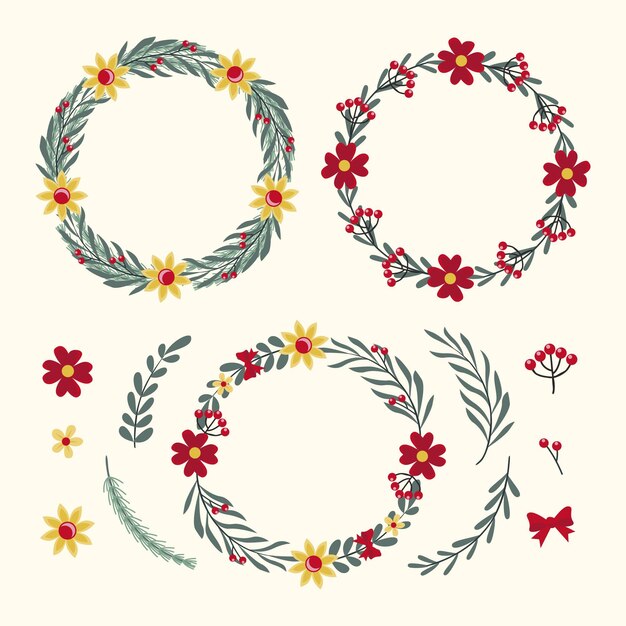 Colección de guirnaldas y flores navideñas dibujadas a mano