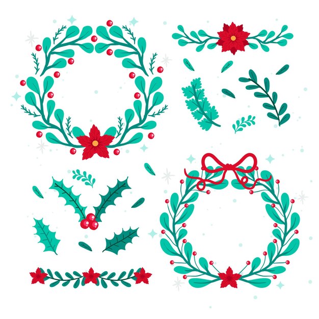 Colección de guirnaldas y flores navideñas dibujadas a mano