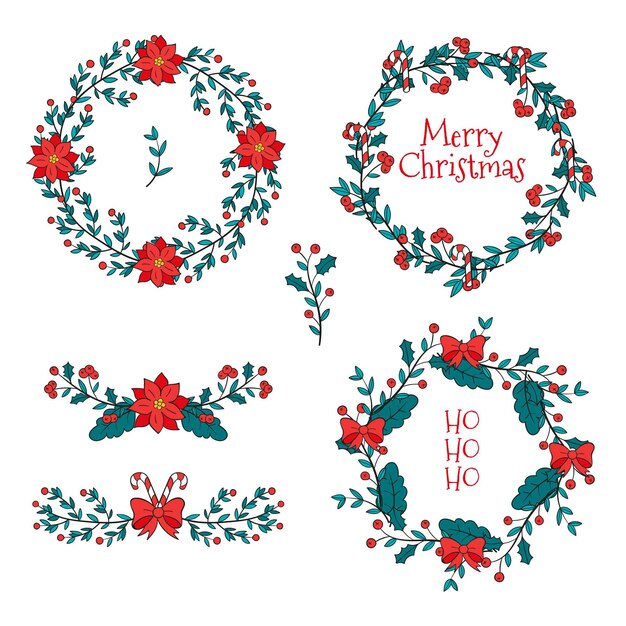 Colección de guirnaldas y flores navideñas dibujadas a mano