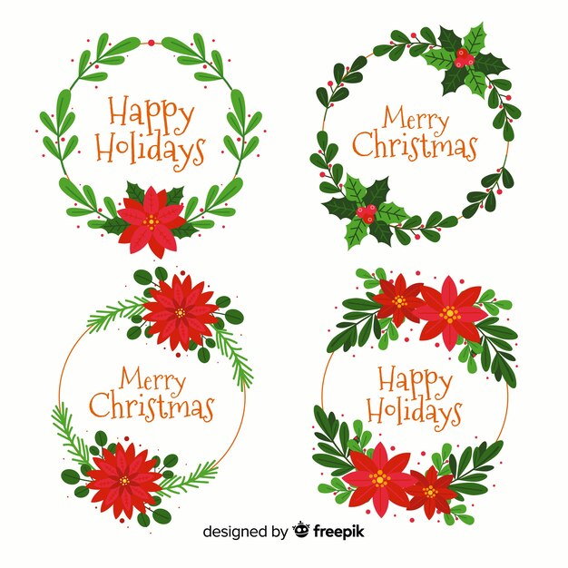 Colección de guirnaldas y flores navideñas en diseño plano
