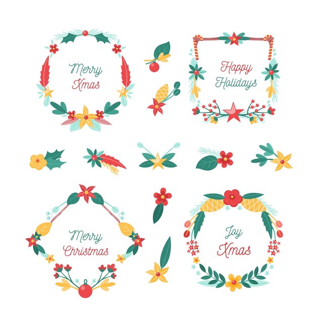 Colección de guirnaldas y flores navideñas de diseño plano