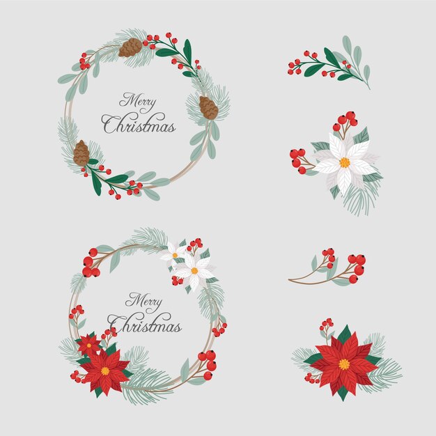 Colección de guirnaldas y flores navideñas en diseño plano