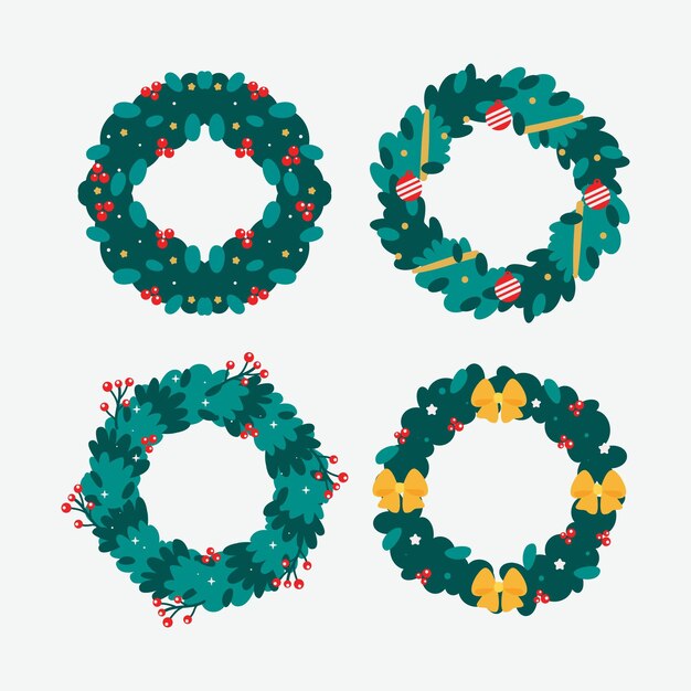 Colección de guirnaldas y flores navideñas en diseño plano