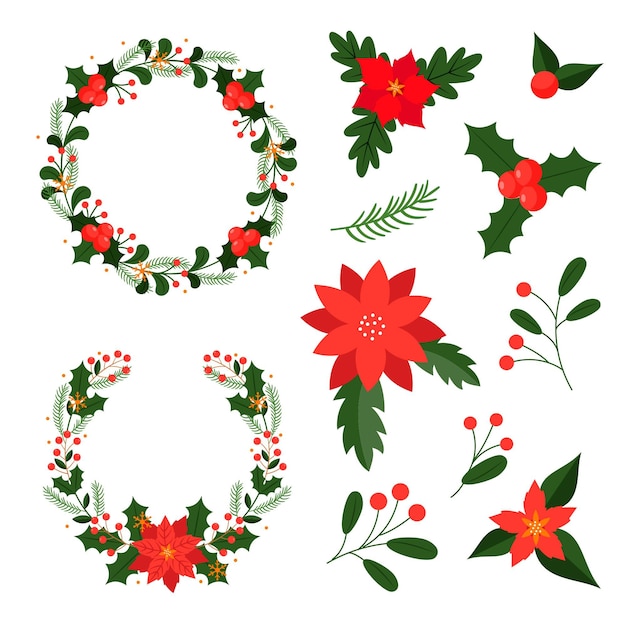 Vector gratuito colección de guirnaldas y flores navideñas en diseño plano