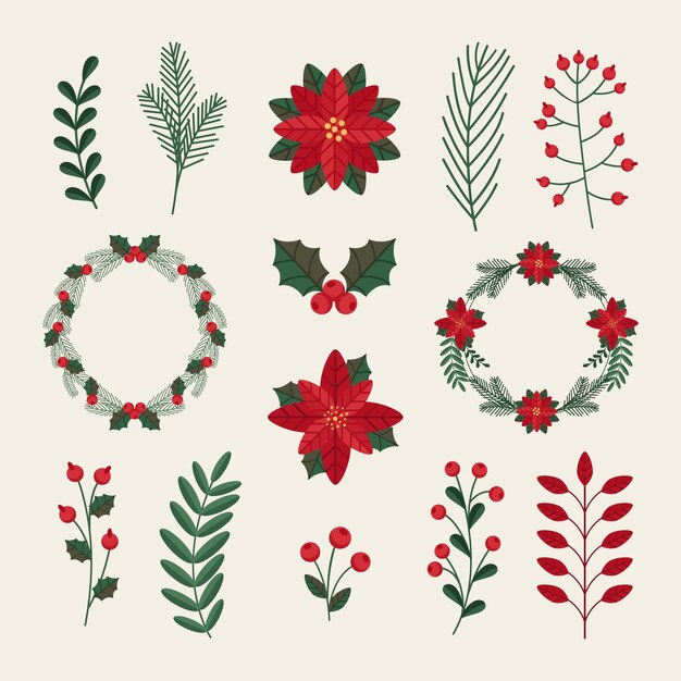 Colección de guirnaldas y flores navideñas en diseño plano