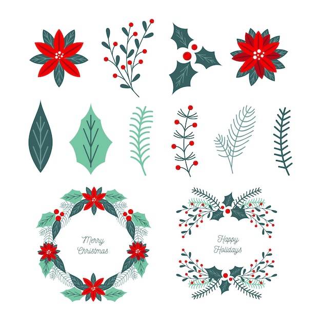 Colección de guirnaldas y flores navideñas en diseño plano