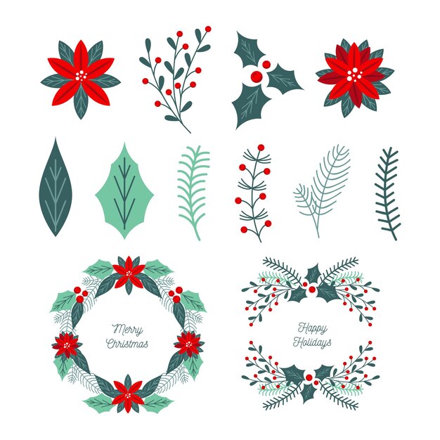 Colección de guirnaldas y flores navideñas en diseño plano