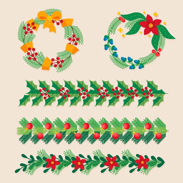 Colección de guirnaldas y flores navideñas de diseño plano