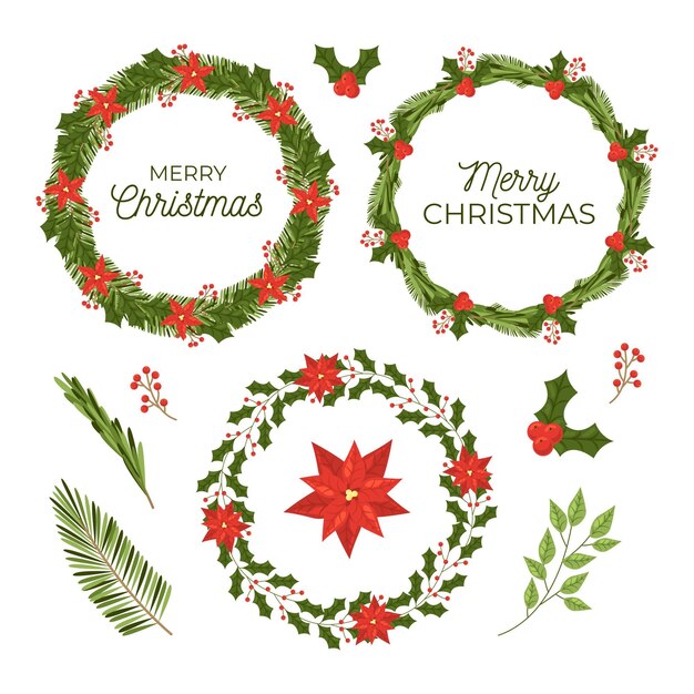 Colección de guirnaldas y flores navideñas de diseño plano