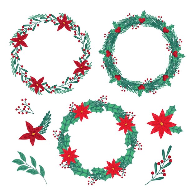 Colección de guirnaldas y flores navideñas de diseño plano