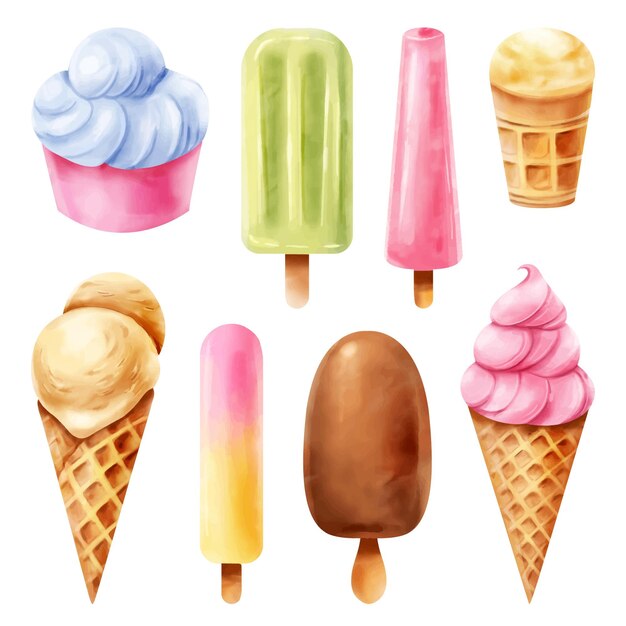 Colección de helados de acuarela pintados a mano