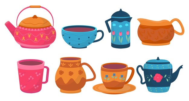 Colección de hermoso juego de té con olla, taza y cualquier elemento para diseñador gráfico, ilustración vectorial