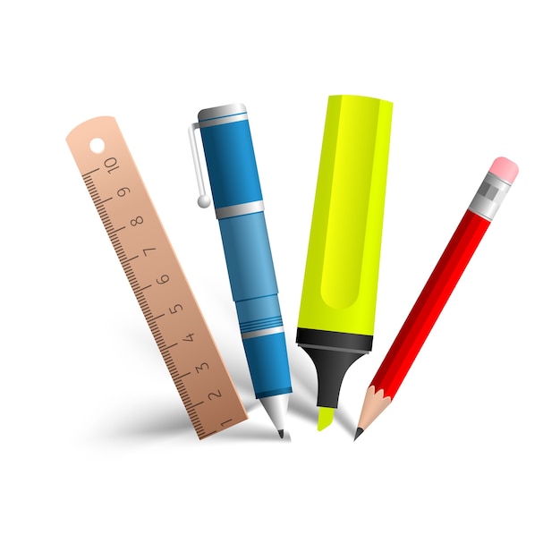 Colección de herramientas de pintura y escritura que consta de bolígrafo azul, lápiz rojo, marcador amarillo y línea de madera en el blanco