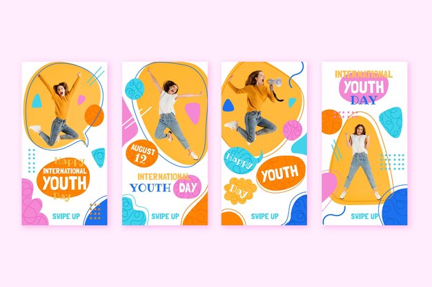 Colección de historias del día internacional de la juventud dibujadas a mano con foto