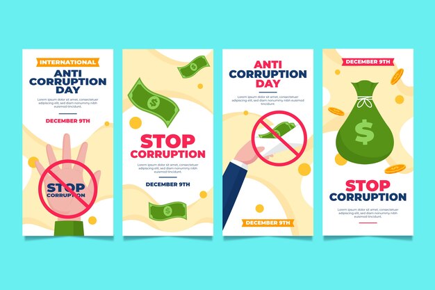 Colección de historias de ig del día anticorrupción plana dibujada a mano