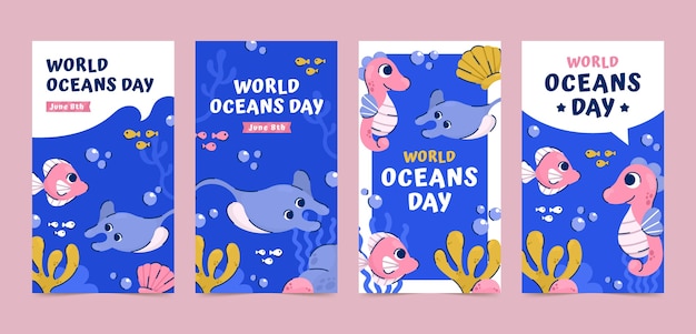 Vector gratuito colección de historias de ig planas dibujadas a mano del día mundial de los océanos