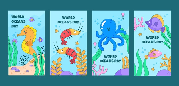 Colección de historias de ig planas dibujadas a mano del día mundial de los océanos