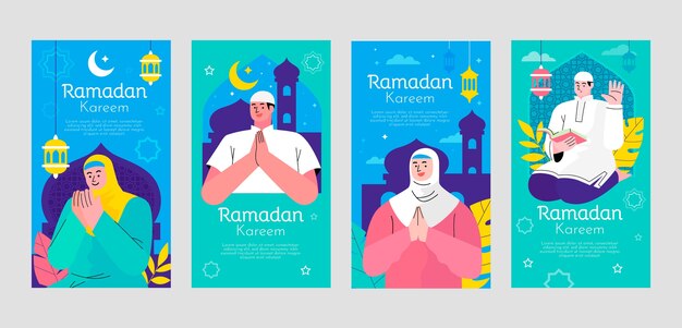Colección de historias de ig de ramadán planas dibujadas a mano