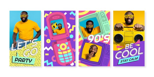 Colección de historias de instagram de los 90 nostálgicos planos dibujados a mano con foto