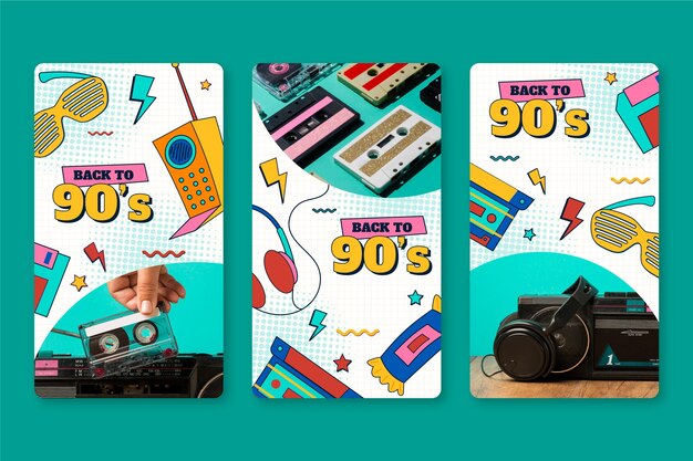 Colección de historias de instagram de los 90 nostálgicos planos dibujados a mano con foto