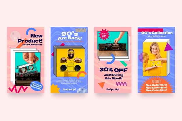 Colección de historias de instagram de los 90 nostálgicos planos dibujados a mano con foto