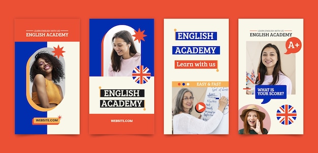 Vector gratuito colección de historias de instagram de la academia de inglés