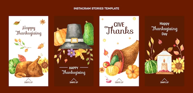 Vector gratuito colección de historias de instagram de acción de gracias en acuarela