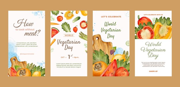 Colección de historias de instagram en acuarela para el día mundial del vegetariano