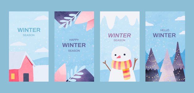 Colección de historias de instagram en acuarela temporada de invierno.