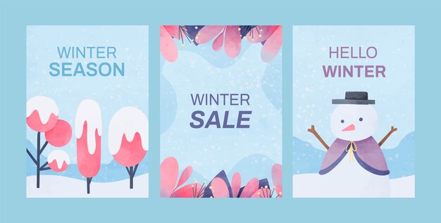 Colección de historias de instagram en acuarela temporada de invierno.