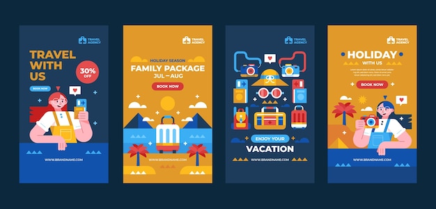 Vector gratuito colección de historias de instagram de agencias de viajes planas