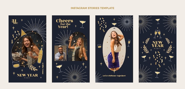 Vector gratuito colección de historias de instagram de año nuevo dibujadas a mano