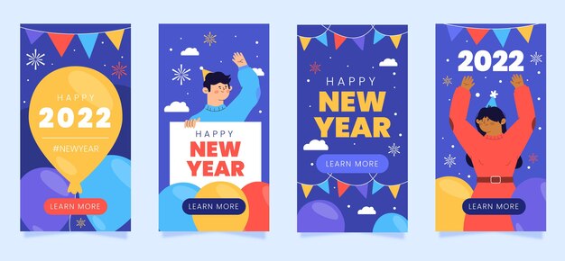 Colección de historias de instagram de año nuevo plano dibujadas a mano