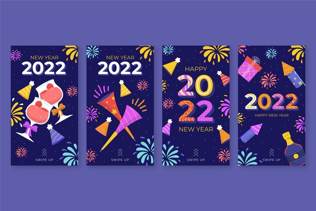 Colección de historias de instagram de año nuevo plano dibujadas a mano