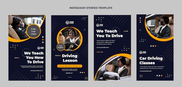 Vector gratuito colección de historias de instagram de autoescuela plana