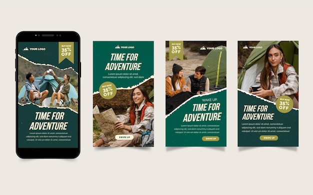 Vector gratuito colección de historias de instagram de aventuras planas con foto