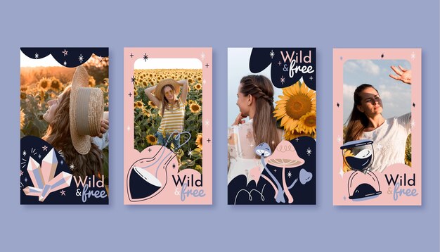 Colección de historias de instagram boho dibujadas a mano con foto
