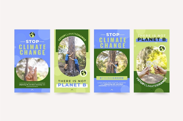 Vector gratuito colección de historias de instagram de cambio climático plano